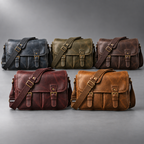 Padded leather camera shoulder bag in navy blue, olive green, dark brown, burgundy and tan