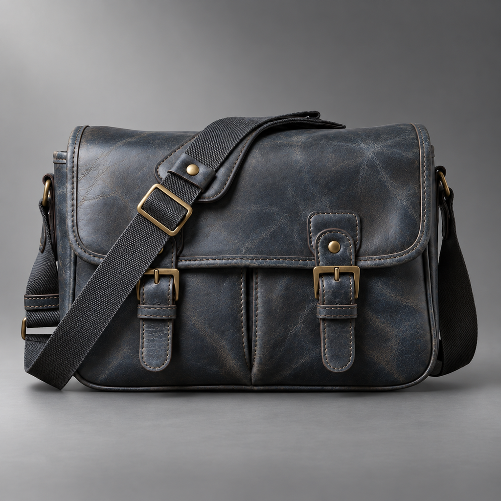 Navy blue padded leather camera shoulder bag with wide adjustable strap
