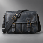 Navy blue padded leather camera shoulder bag with wide adjustable strap