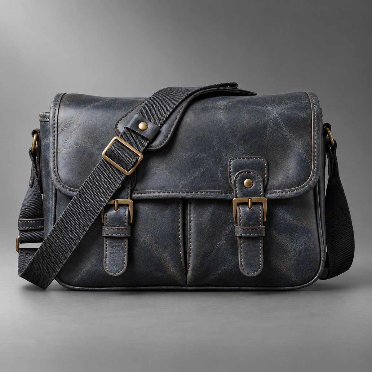 Navy blue padded leather camera shoulder bag with wide adjustable strap