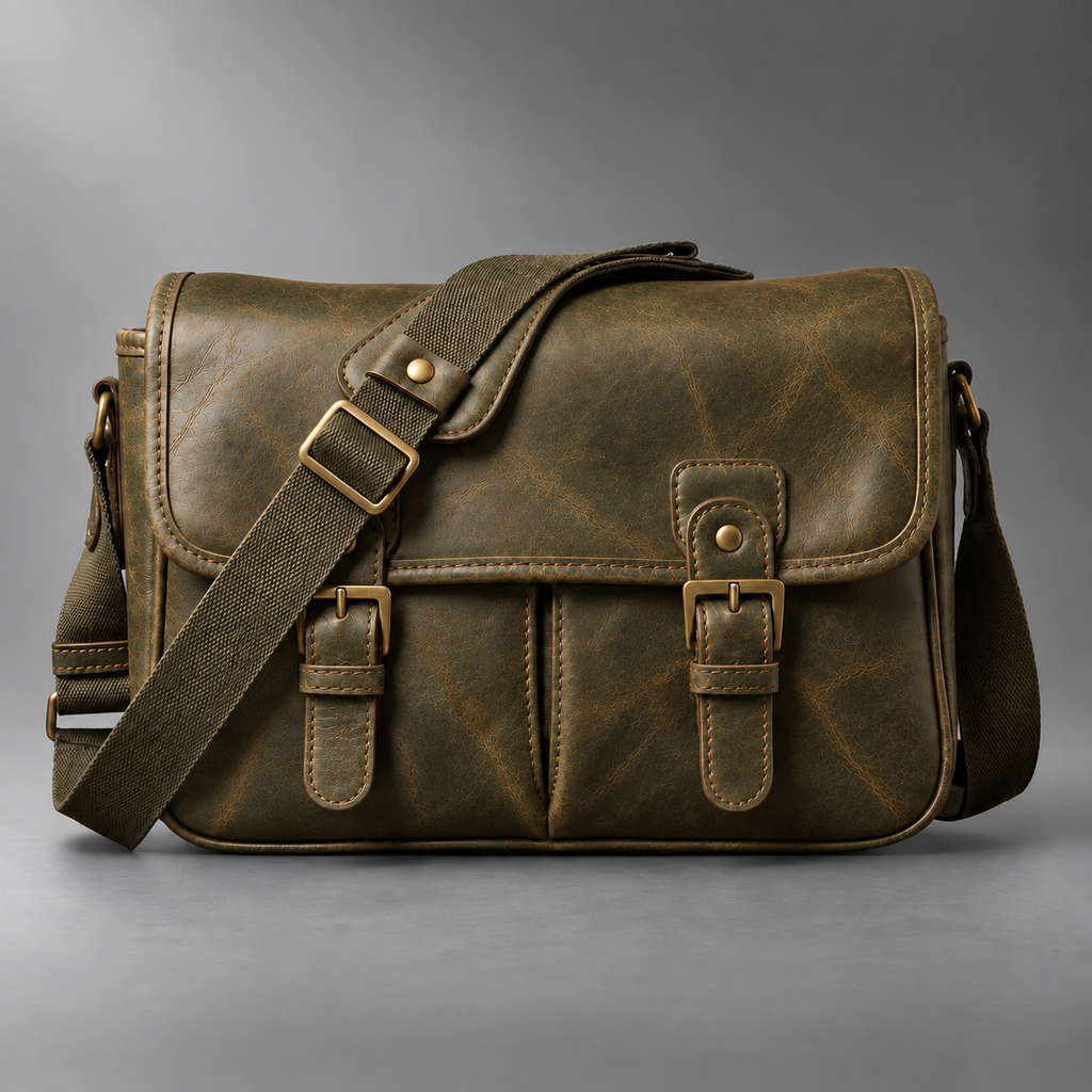 Olive green padded leather camera shoulder bag front view
