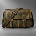 Olive green padded leather camera shoulder bag front view