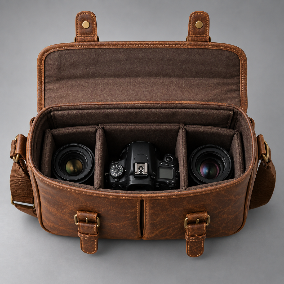 Open tan leather camera bag with padded dividers holding a DSLR camera and two lenses