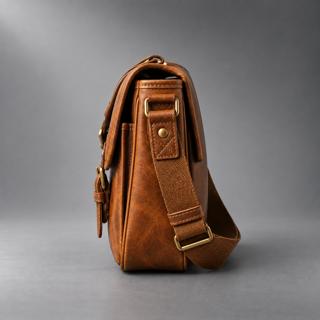 Side view of tan leather camera shoulder bag showing structured profile and strap attachment