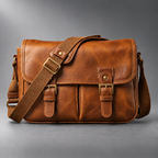 Tan padded leather camera shoulder bag front view with adjustable strap and dual front pockets