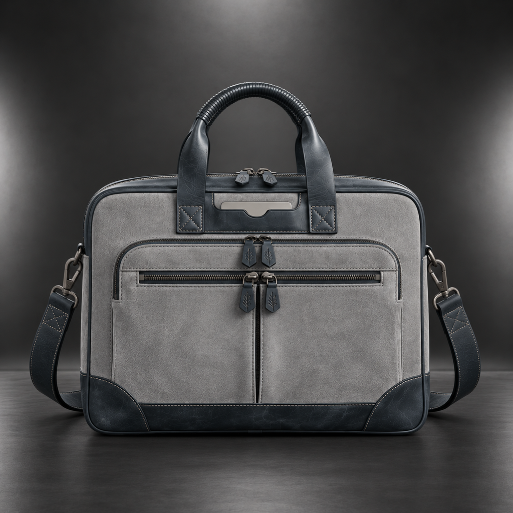 Gray and navy premium leather laptop briefcase | The Leather Factory