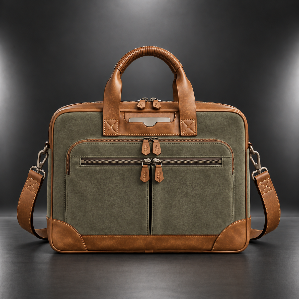 Olive green and tan premium leather laptop briefcase | The Leather Factory