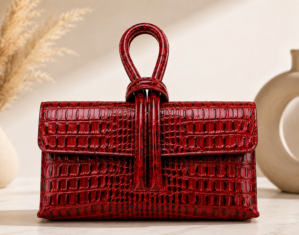 Luxury Red Croc Embossed Leather Clutch Handbag for Women