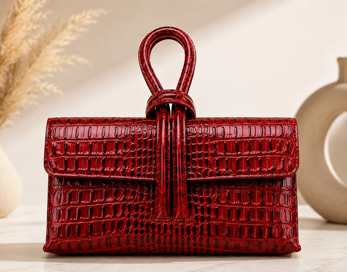 Luxury Red Croc Embossed Leather Clutch Handbag for Women