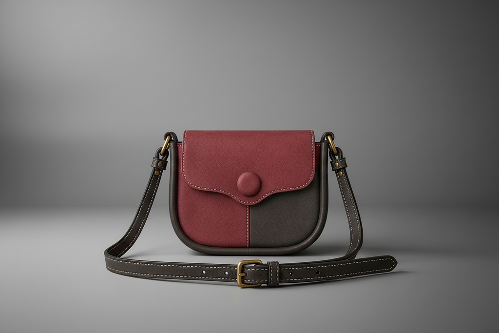 TLF aniline leather saddle bag in burgundy and charcoal | The Leather Factory