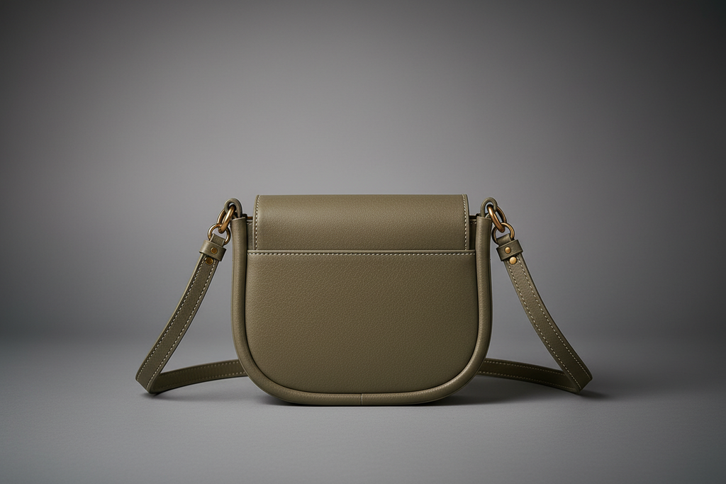 TLF aniline leather saddle bag olive side view | The Leather Factory