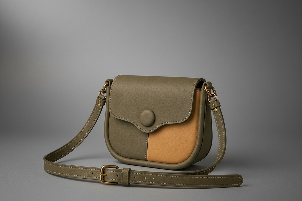 TLF aniline leather saddle bag olive and tan detail | The Leather Factory