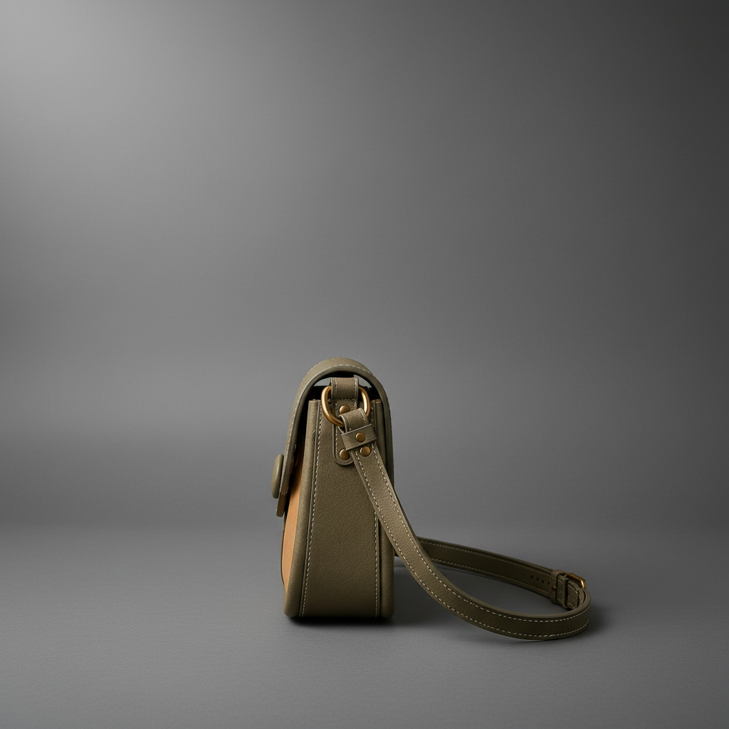 TLF aniline leather saddle bag olive and tan side view | The Leather Factory