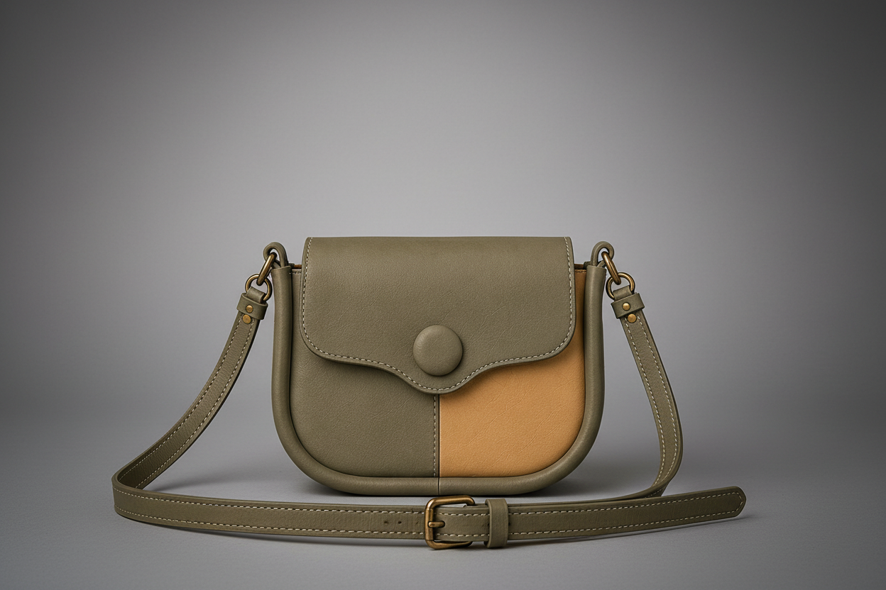 TLF aniline leather saddle bag in olive and tan | The Leather Factory