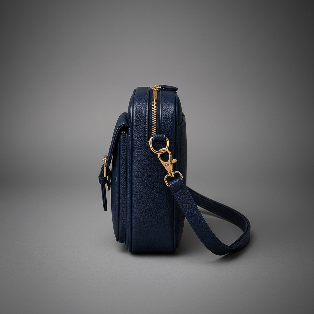 TLF leather crossbody bag in Navy, detailed product view | The Leather Factory