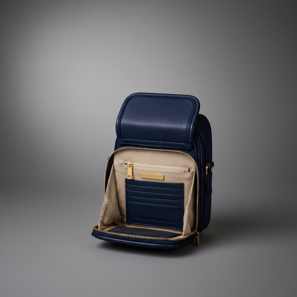 TLF leather crossbody bag in Navy, open interior view | The Leather Factory