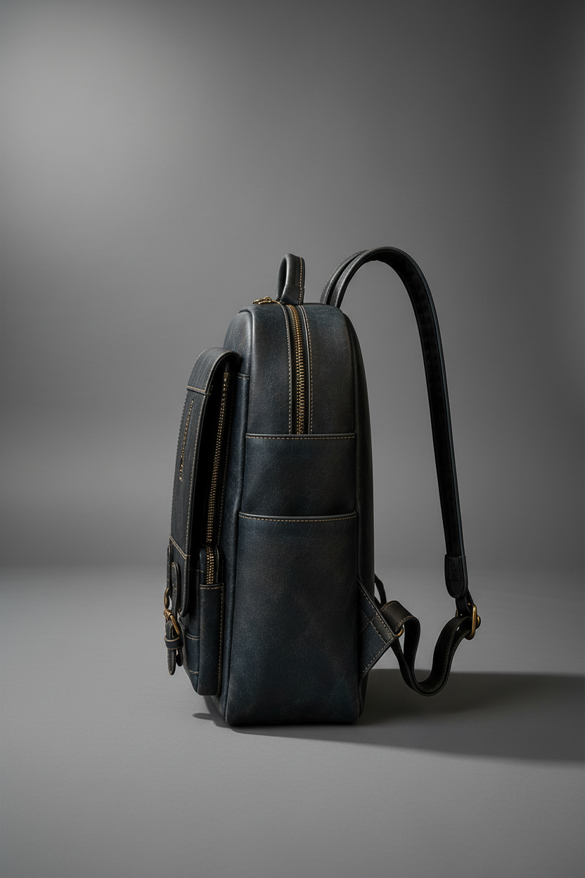 Navy blue handmade genuine leather backpack back detail | The Leather Factory