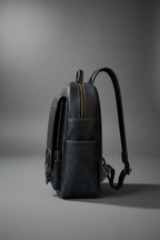 Navy blue handmade genuine leather backpack back detail | The Leather Factory