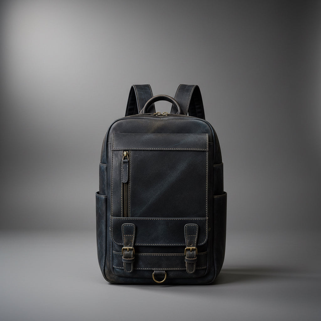 Navy blue handmade genuine leather backpack back view | The Leather Factory