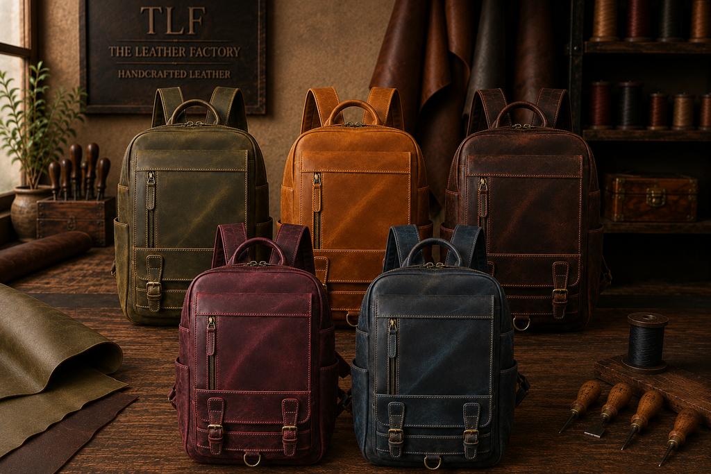 Navy blue handmade genuine leather backpack front detail | The Leather Factory