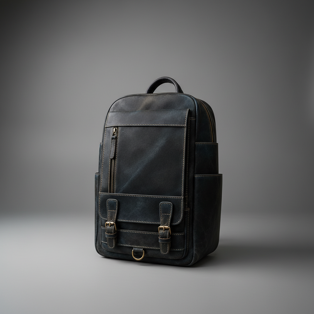 Navy blue handmade genuine leather backpack front view | The Leather Factory