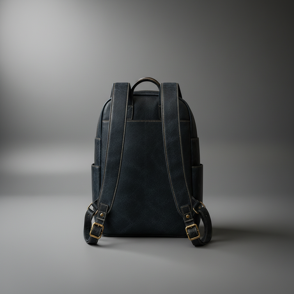 Navy blue handmade genuine leather backpack side detail | The Leather Factory