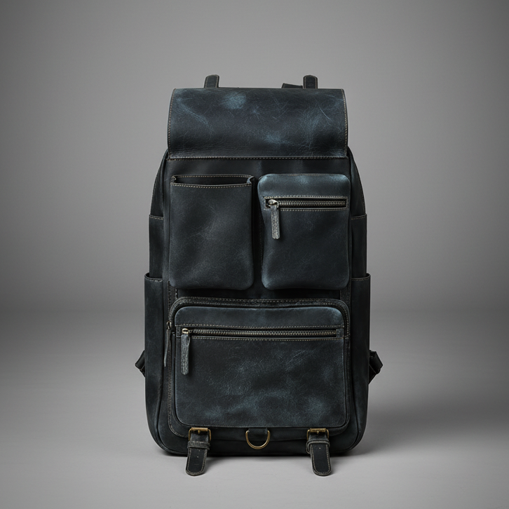 Navy blue handmade genuine leather backpack side view | The Leather Factory
