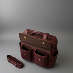Burgundy handcrafted genuine leather briefcase craftsmanship and pocket detail | The Leather Factory