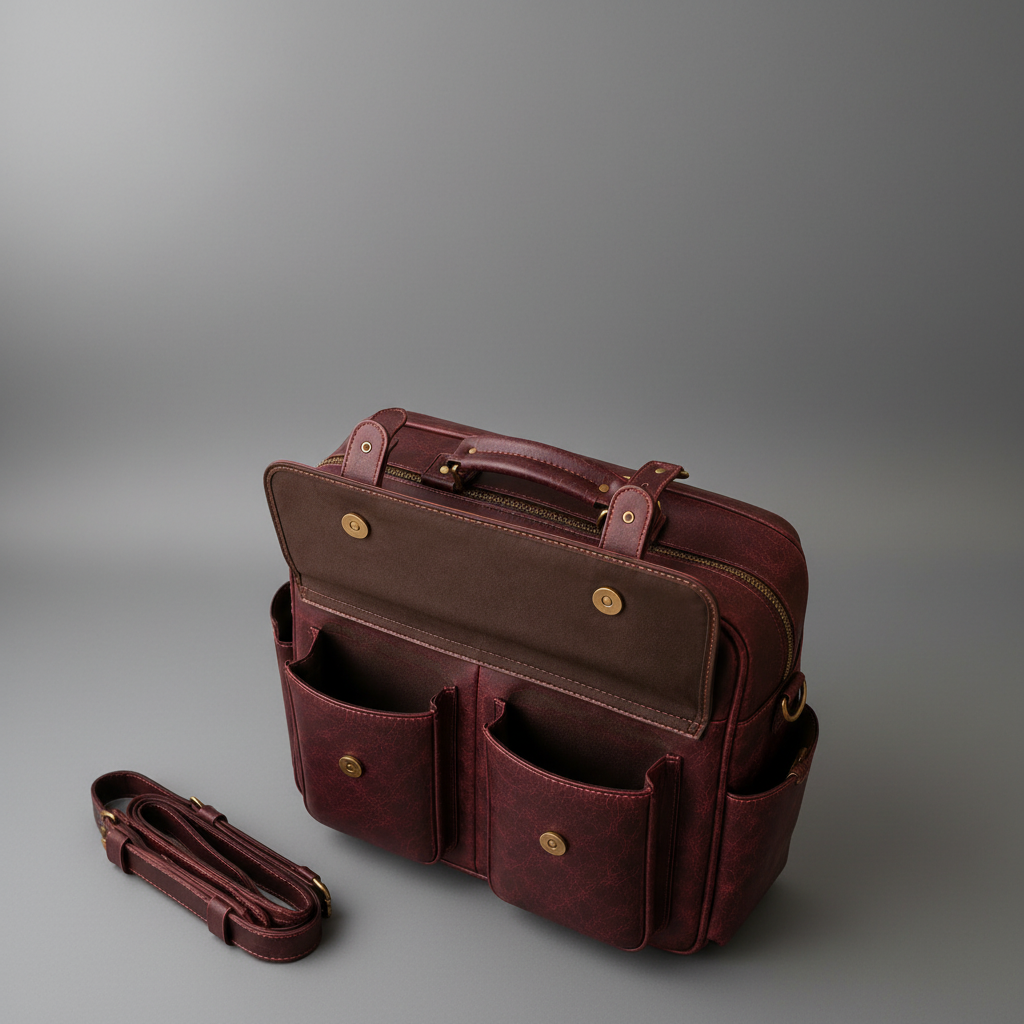 Burgundy handcrafted genuine leather briefcase craftsmanship and pocket detail | The Leather Factory