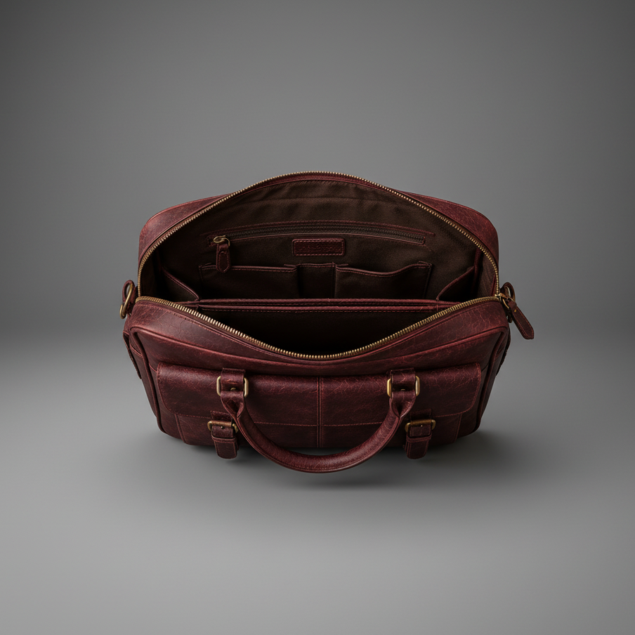 Burgundy handcrafted genuine leather briefcase interior and compartments | The Leather Factory