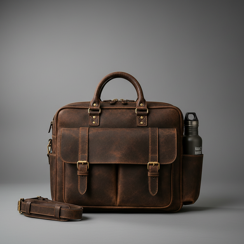 Dark brown handcrafted genuine leather briefcase front view | The Leather Factory