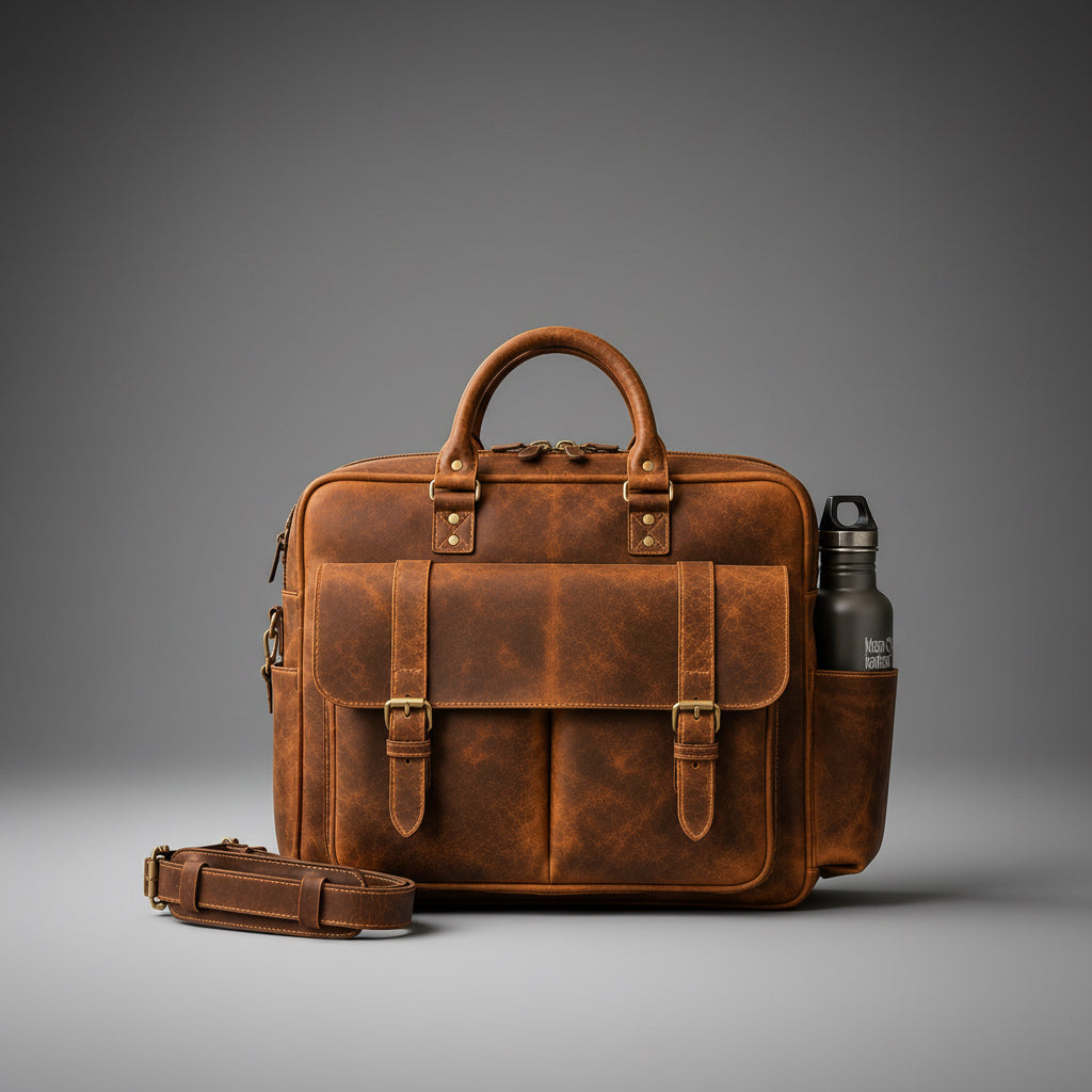 Tan handcrafted genuine leather briefcase front view | The Leather Factory