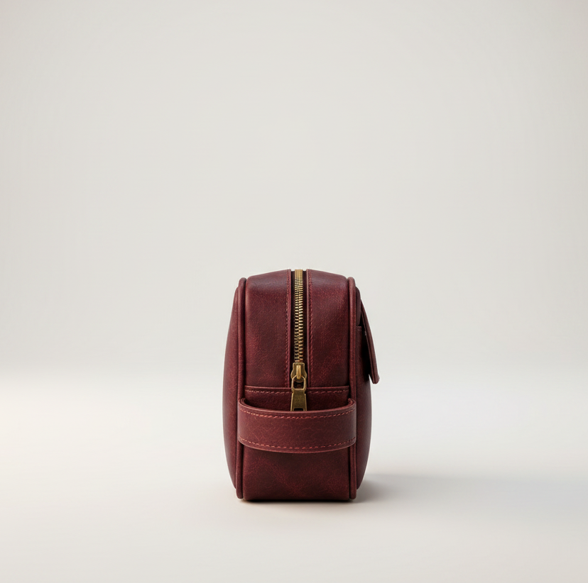 TLF leather dopp kit burgundy side view | The Leather Factory