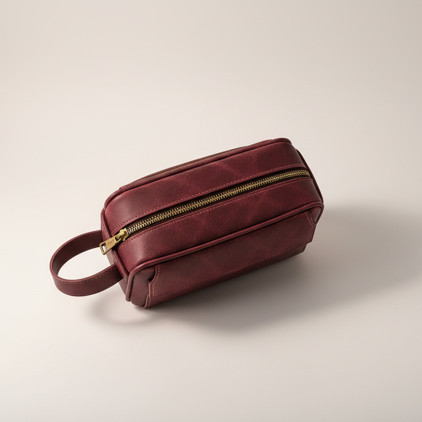TLF leather dopp kit burgundy top view | The Leather Factory