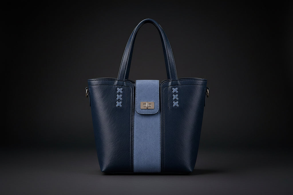 TLF luxury suede and aniline leather tote bag in navy and light blue | The Leather Factory