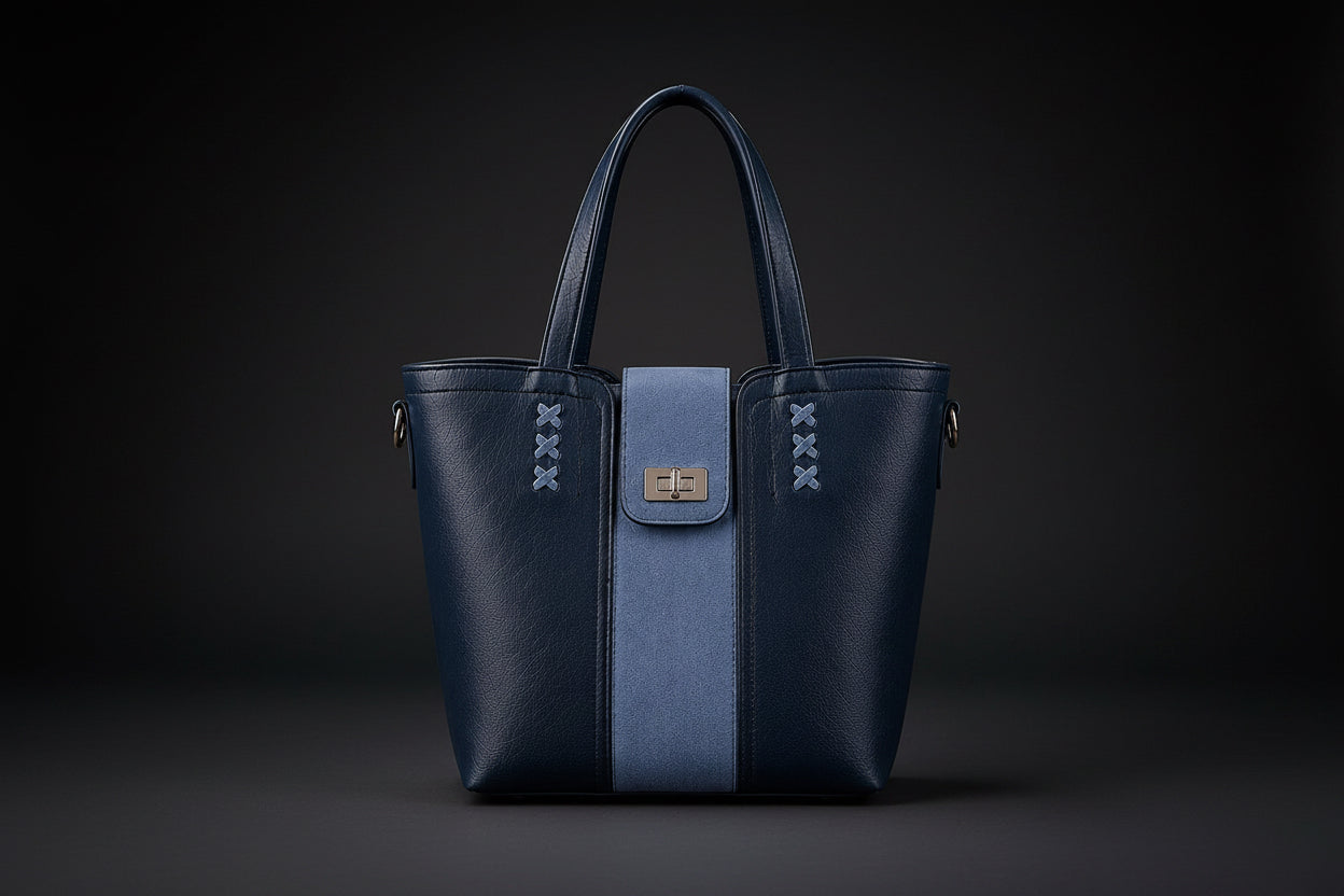 TLF luxury suede and aniline leather tote bag in navy and light blue | The Leather Factory