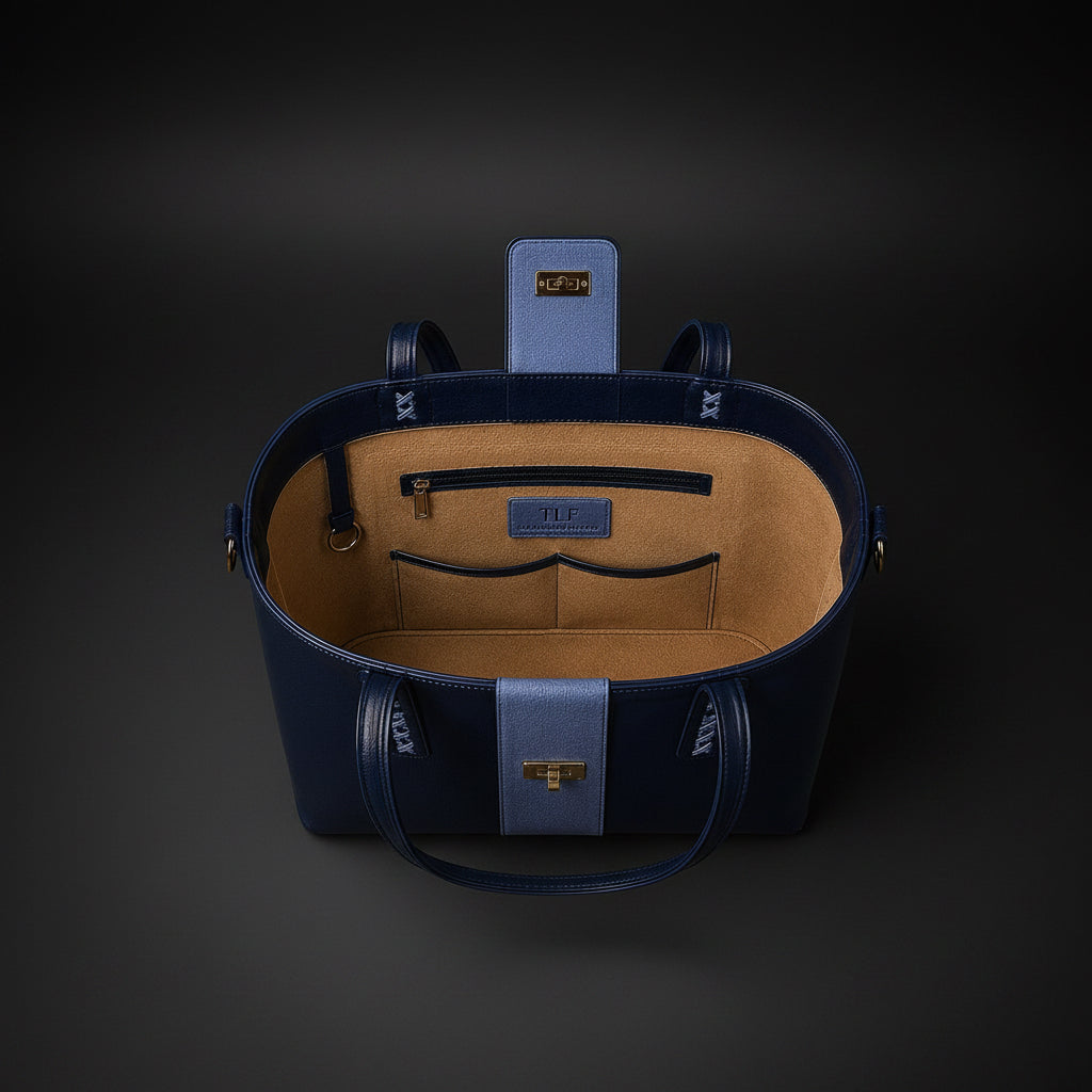 TLF luxury suede and aniline leather tote bag in navy, interior view | The Leather Factory
