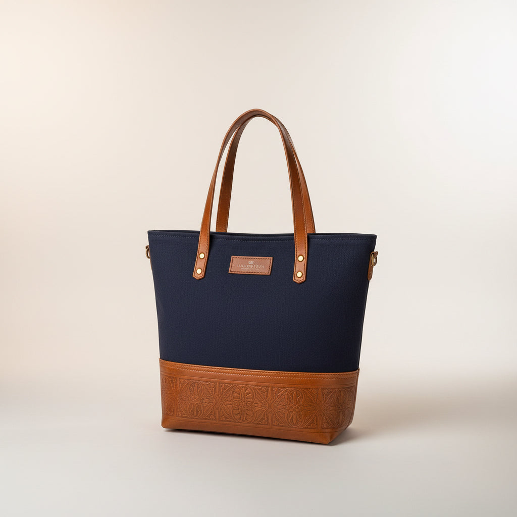 TLF premium leather tote bag in navy and tan | The Leather Factory