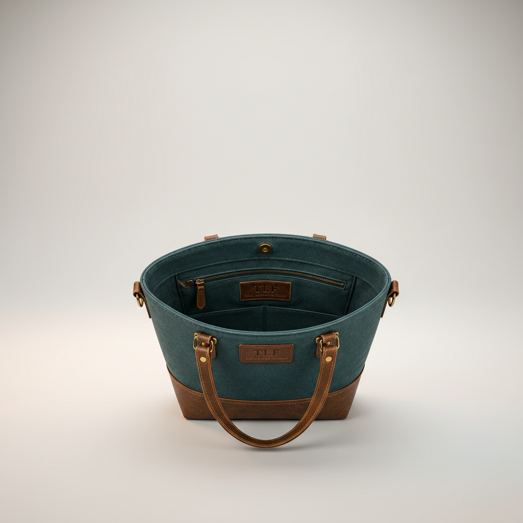 TLF premium leather tote bag in teal and tan, angled view | The Leather Factory
