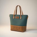 TLF premium leather tote bag in teal and tan, detail view | The Leather Factory
