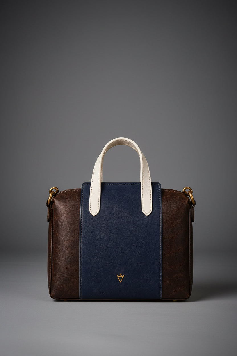 TLF structured leather tote bag in navy and brown | The Leather Factory