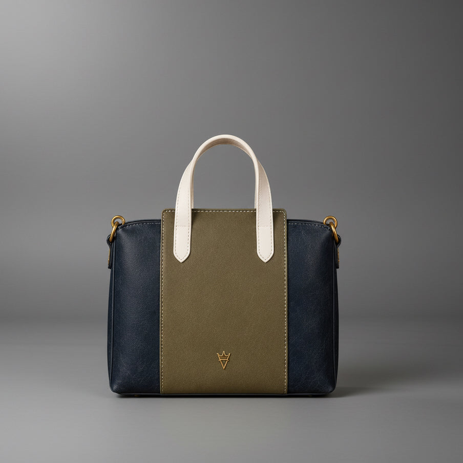 TLF structured leather tote bag in navy and olive | The Leather Factory