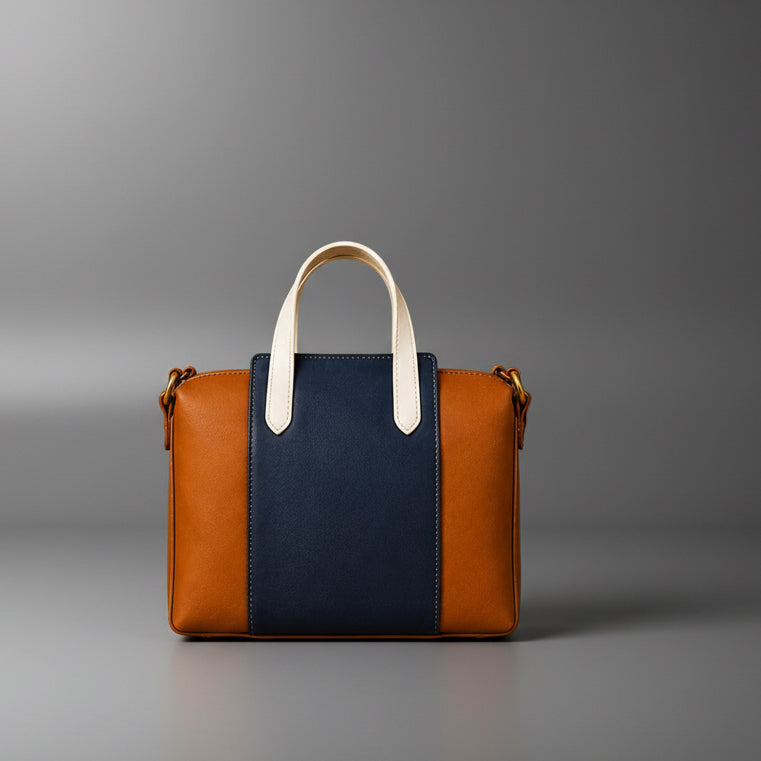 TLF structured leather tote bag in navy and tan | The Leather Factory