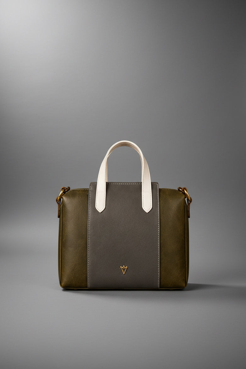 TLF structured leather tote bag in olive and gray | The Leather Factory