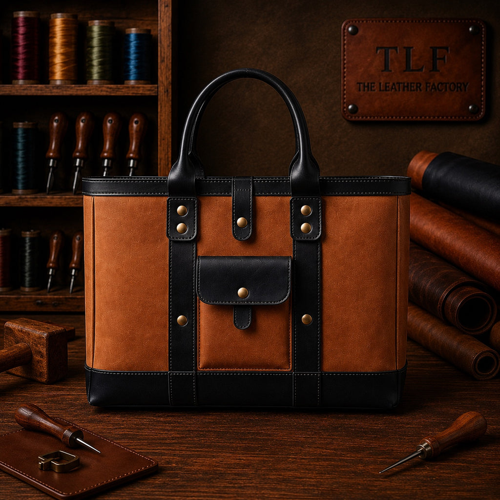 TLF leather tote in Cognac and Black | The Leather Factory