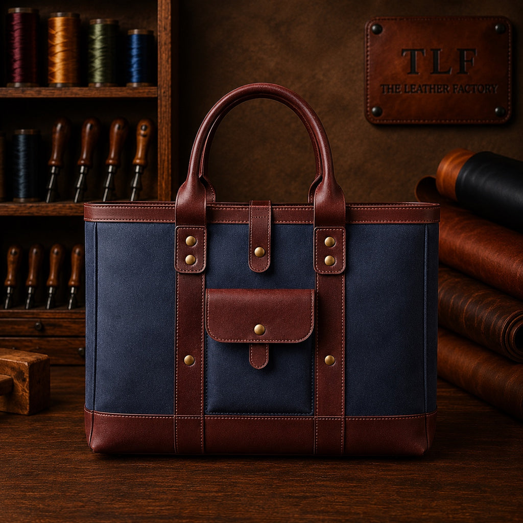 TLF leather tote in Navy and Burgundy | The Leather Factory