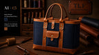 TLF leather tote in Navy and Honey Saddle Tan | The Leather Factory
