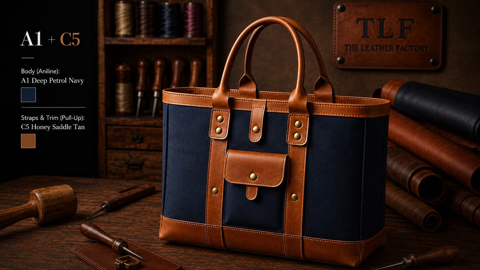 TLF leather tote in Navy and Honey Saddle Tan | The Leather Factory