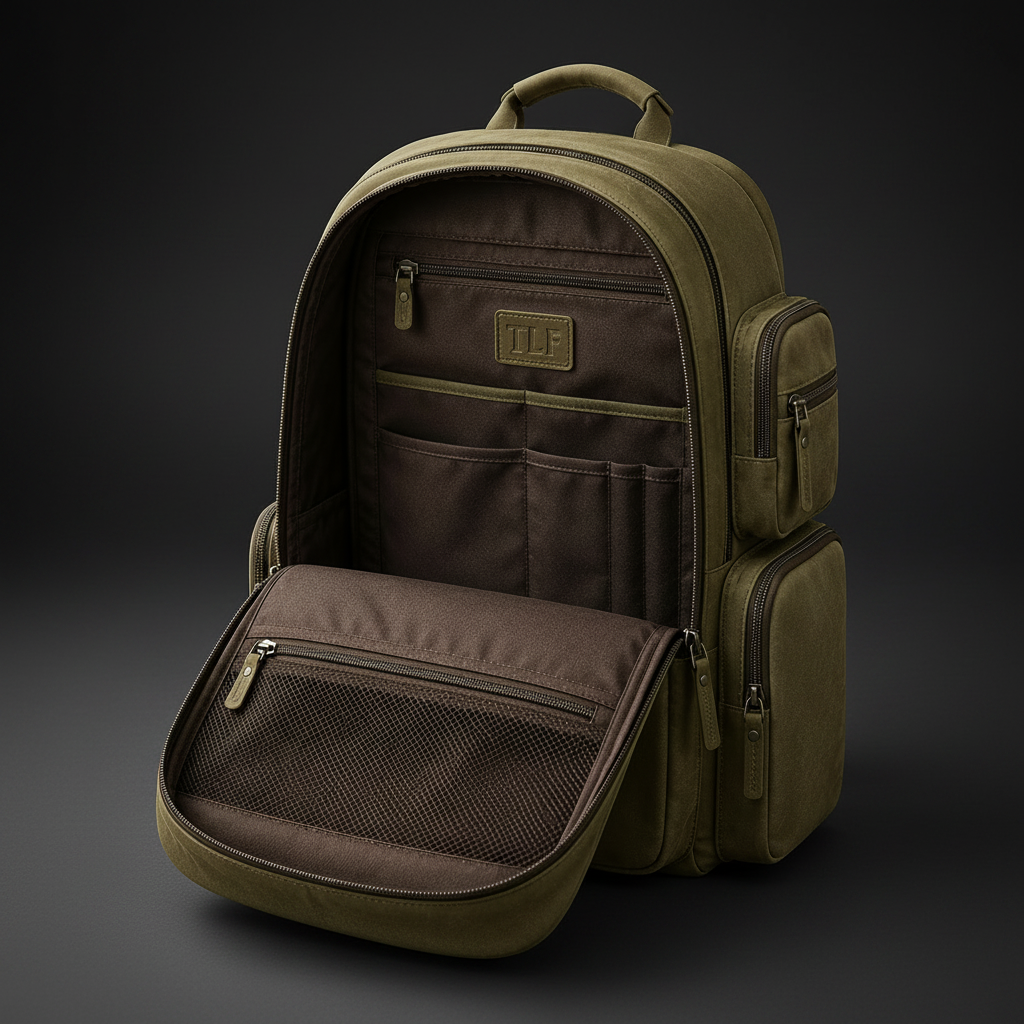 Olive green leather backpack interior view | The Leather Factory