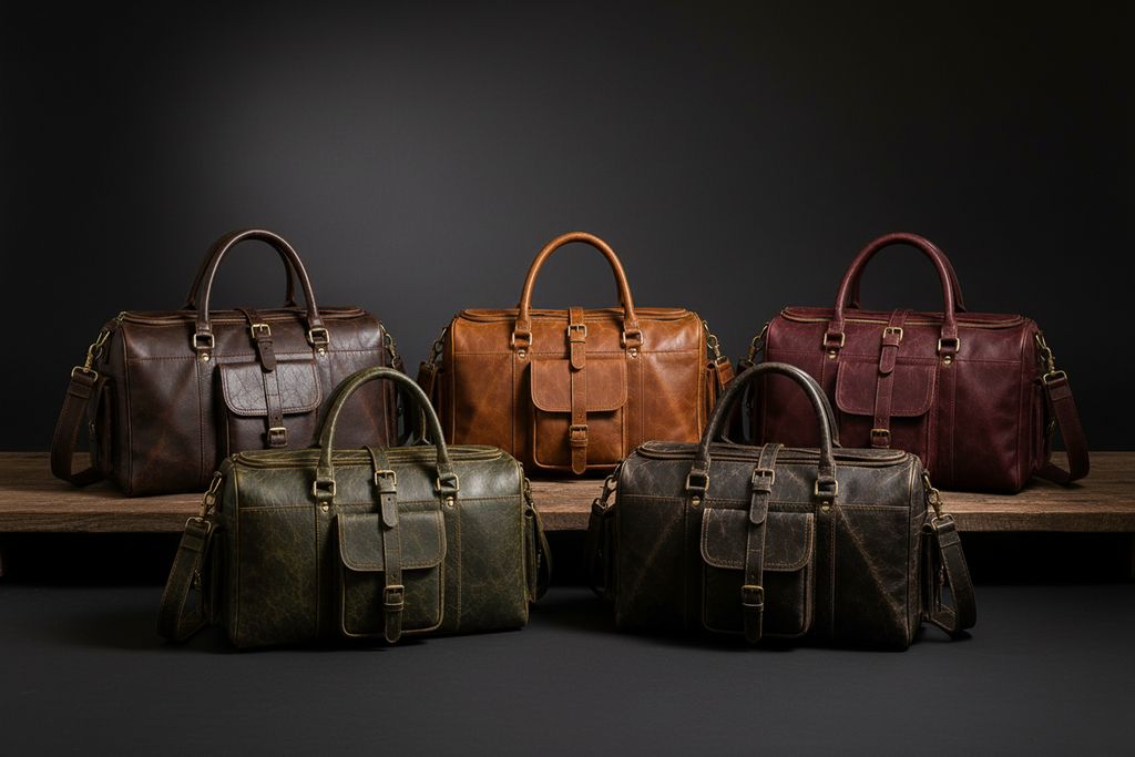 Five color options of vintage crackle leather travel duffel bag | The Leather Factory